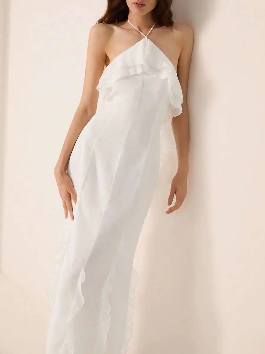 

White Chiffon Halter Neck Frill Trim Slim Fit Dress