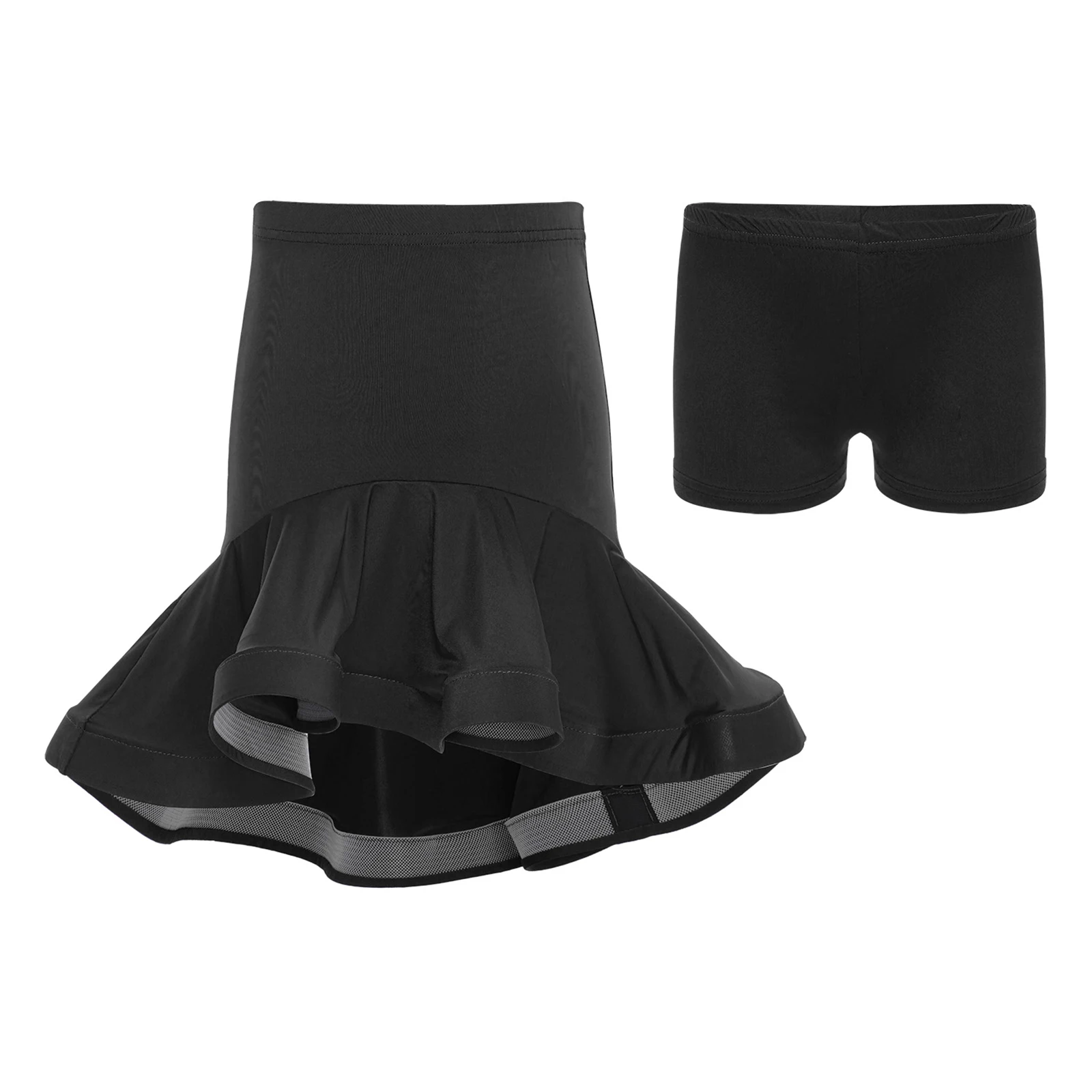 

Kids Girls Latin Jazz Dance Skirt Elastic Waist High-Low Ruffled Skirt+Shorts Set for Ballroom Samba Tango Practice Performance