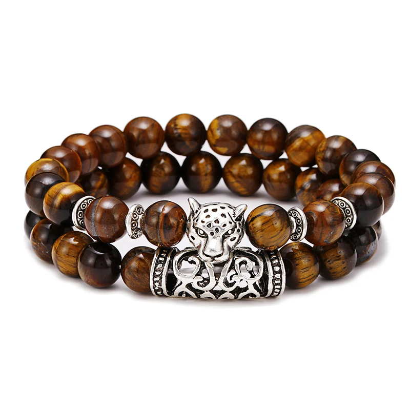 Unique 2Pcs Men Bracelet Set Natural Lava Stone Braslet Antique Leopard Animal Braclet Tiger Bead Brazalete Leisure Accessories