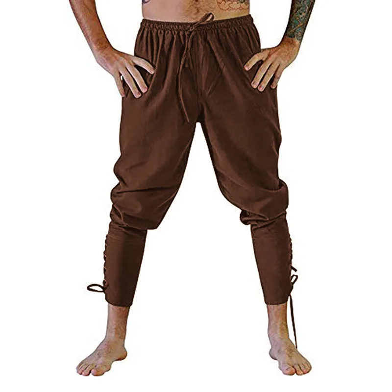 Średniowieczne spodnie Viking kostium pirata dla mężczyzn kobiety spodnie pirackie sznurowane renesansowe spodnie brązowy czarny Plus rozmiar Halloween