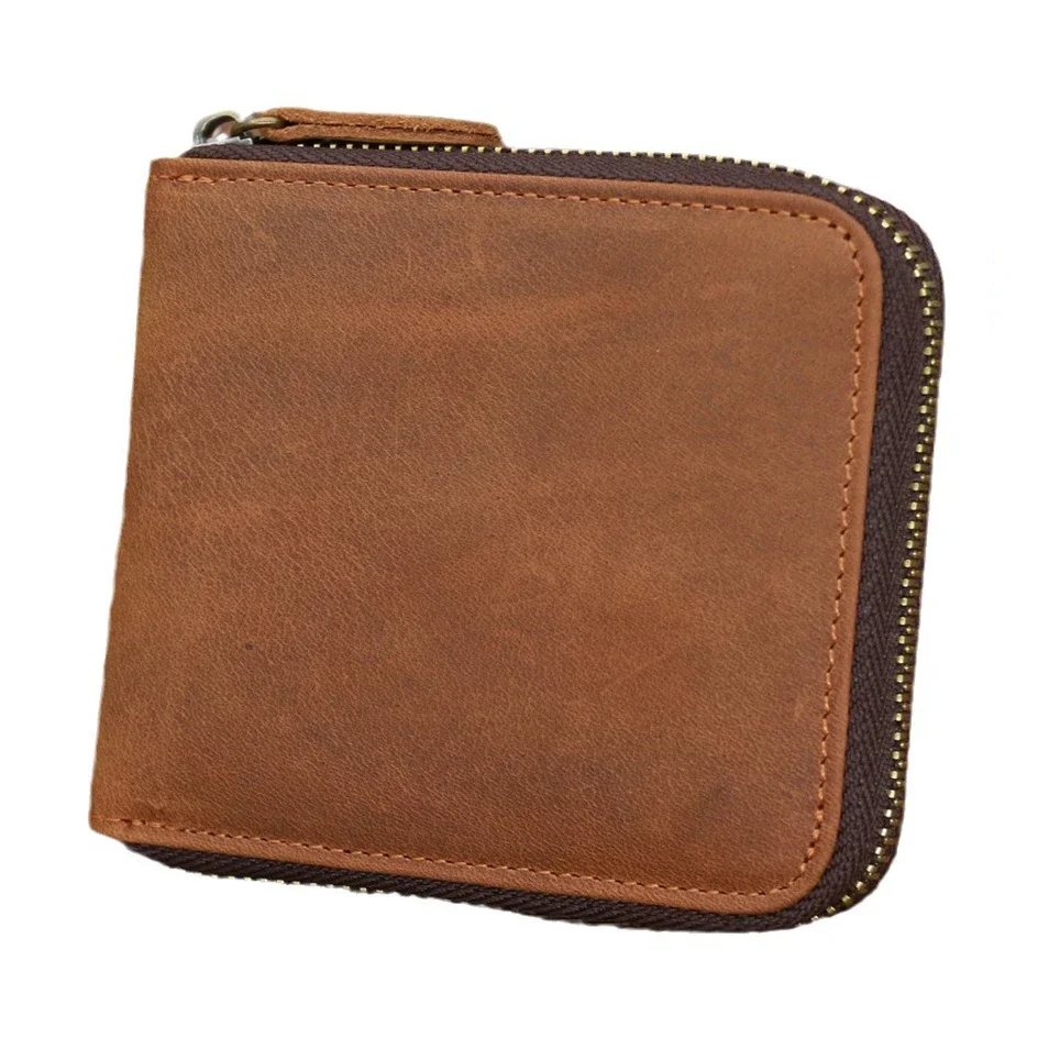 Crazy Horse Leather Zipper Wallets Men RFID Blocking Wallet Genuine Leather Credit Card Holder