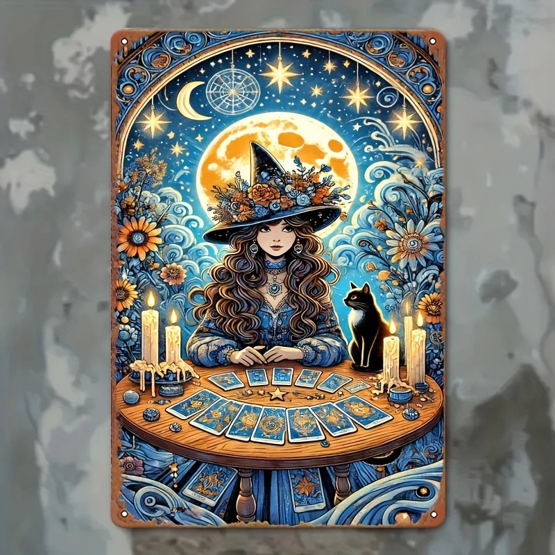 Vintage Metal Tin Wall Art - Witch Moonlit Tarot Reading Scene, es, Easy-Install Iron Board for Home, Bedroom, Office, Study, R