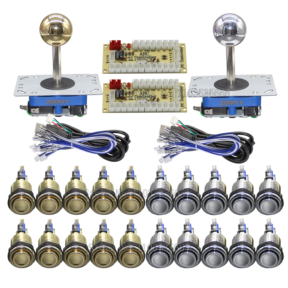 2 Player Arcade Set Zero Delay USB Board Gold/Silver Plated American Style Button Zippy Stype 8 Way Joystick For PC Rasberry Pi