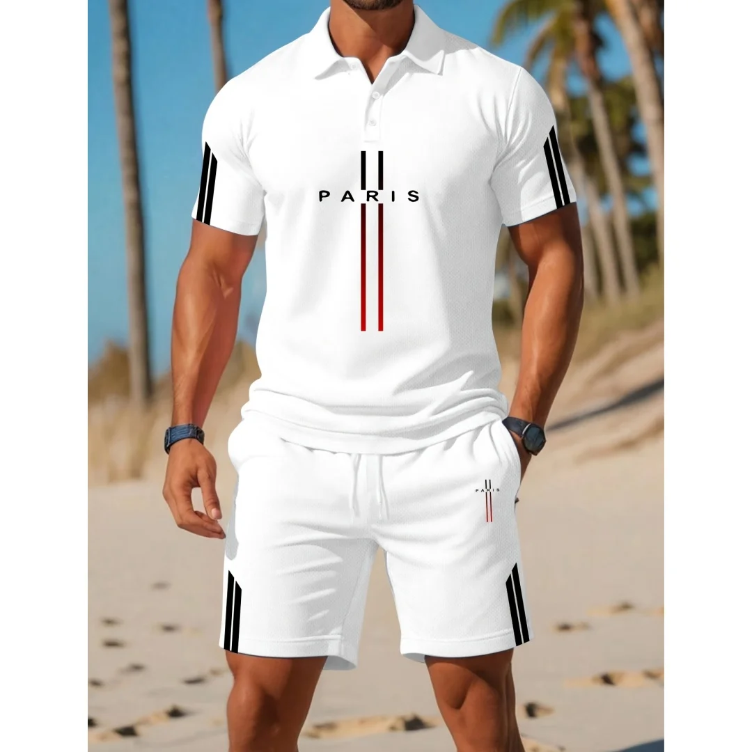

Мужской летний костюм-двойка в парижском стиле: рубашка поло на пуговицах и брюки. Модный мужской комплект для отдыха, дышащая одежда, стильные мужские комплекты.