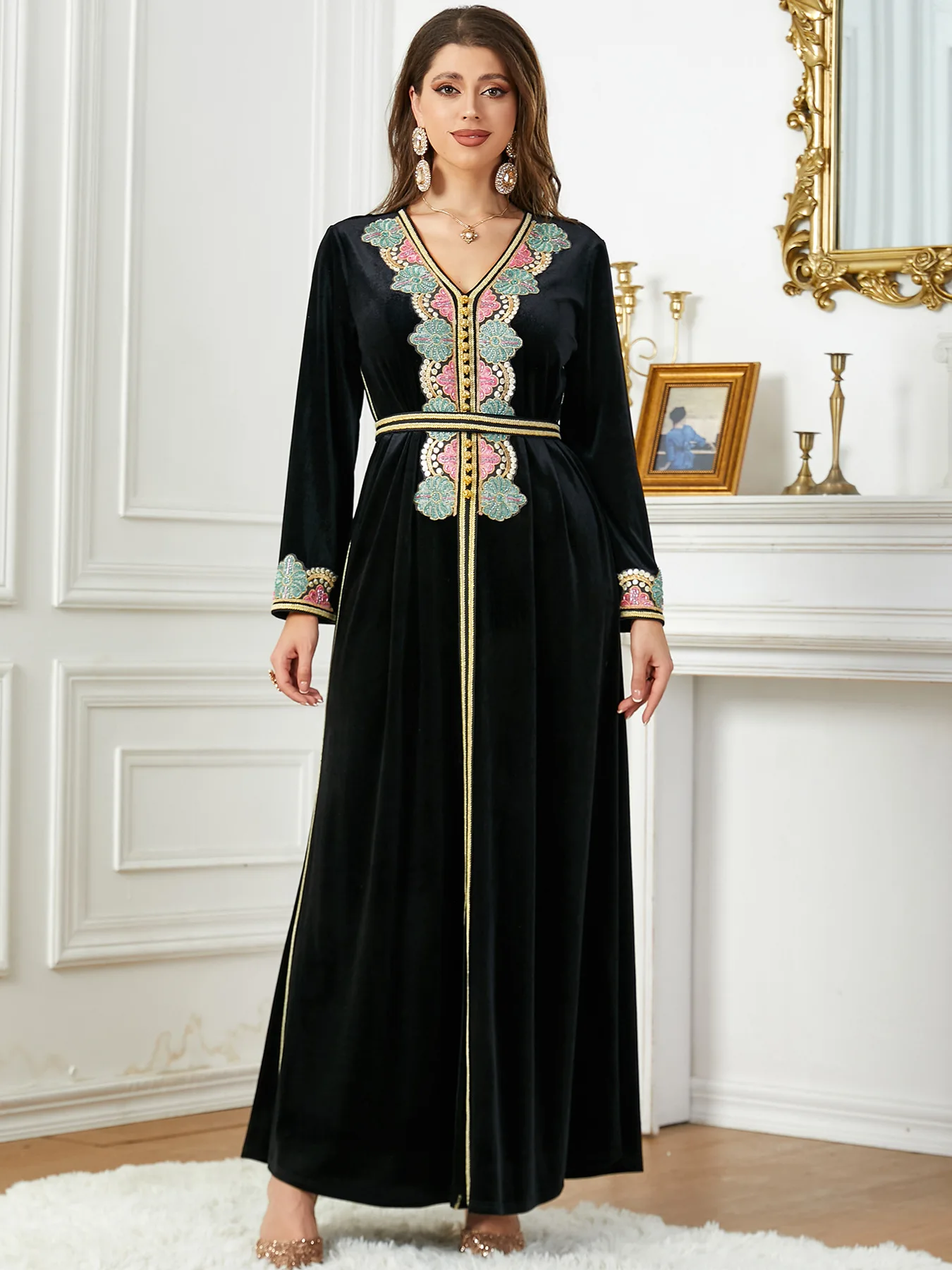 Velvet Dress Msulim Abaya for Women Elegant Lace-up Abayas Morocco Party Dress Maxi Vestidos Kaftan Arabic Long Robe Autumn 202