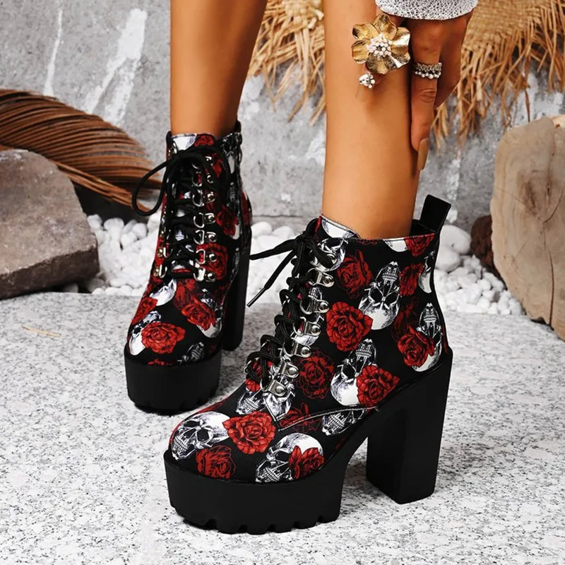 جديد مطبوعة سميكة سوليد أحذية بوت قصيرة جولة تو الجبهة الدانتيل متابعة لينة وحيد عدم الانزلاق كعب سميك كعب جلد حذاء بوت بطول الكاحل بوتاس موهير #3