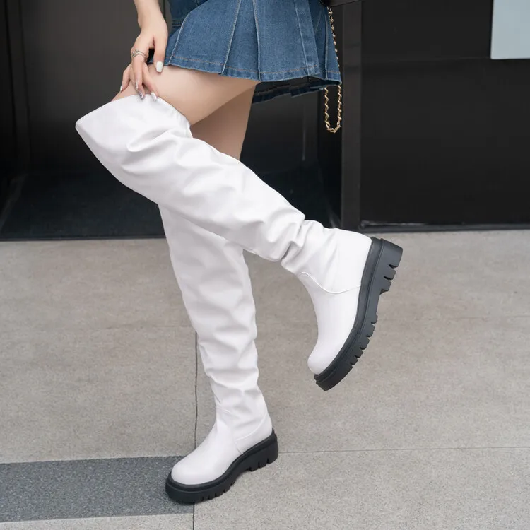 

2024 Low Heels White Thigh High Boots Women Autumn Winter Pu Leather Big Size 43 Over The Knee Boots Stretch Long Boots Shoes