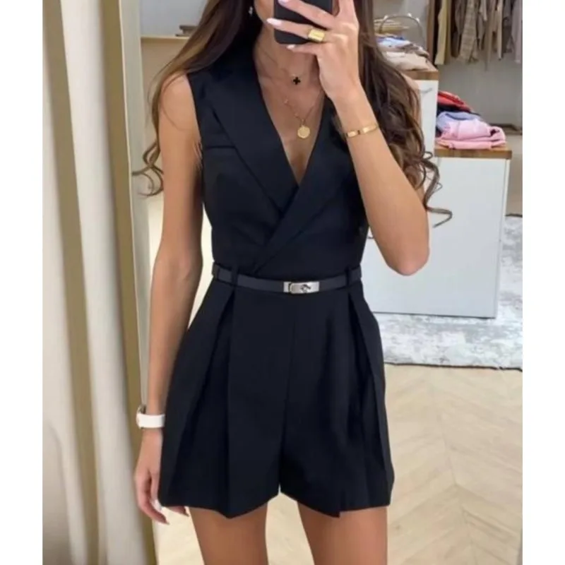 Elegant Women's Shorts Jumpsuit With Belt Fashion Sleeveless Turndown Collar Slim Short Jumpsuits Female 2025 Summer Lady Romper