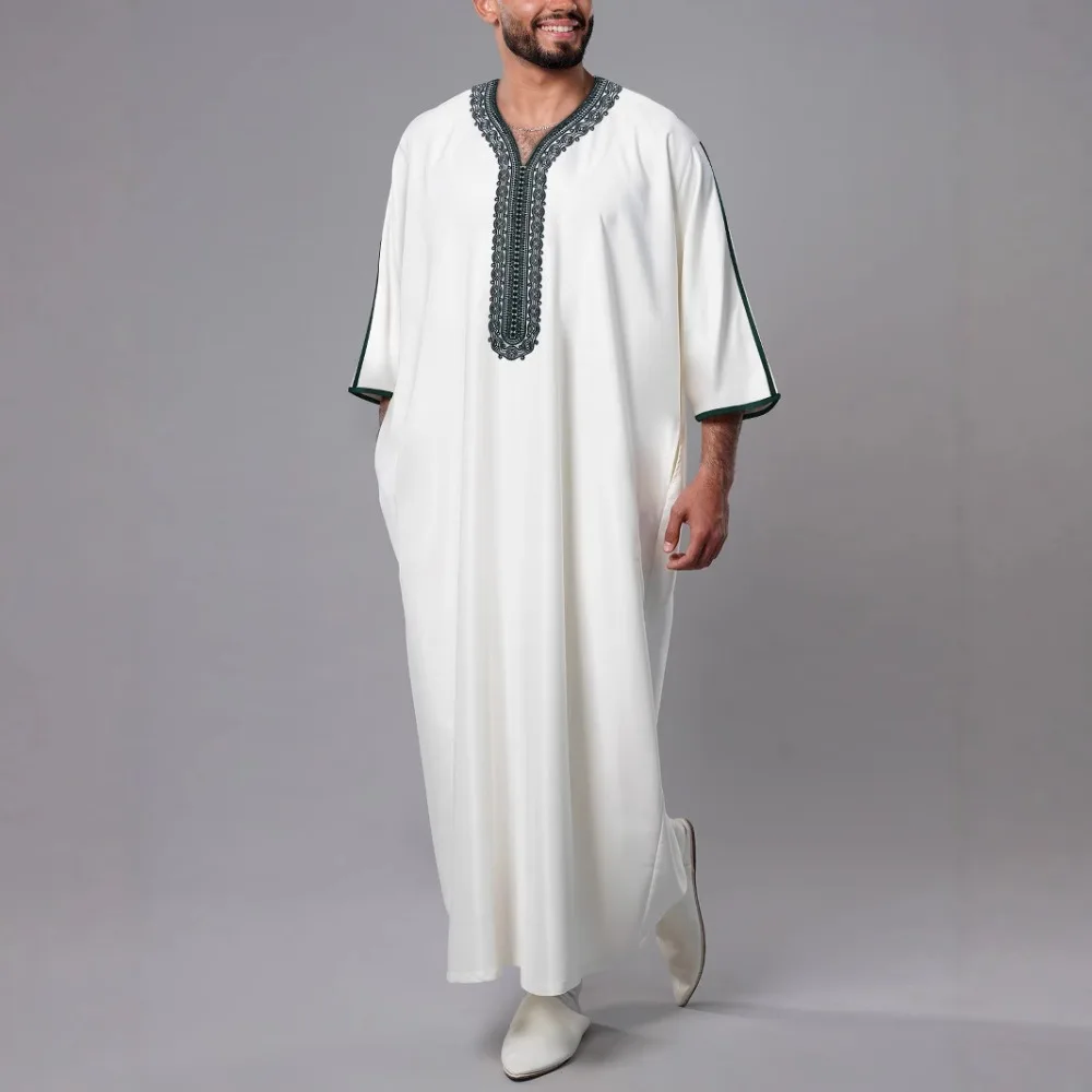 Men's Long Side Pocket Sleeve Robe for Daily Occasion Wearing Side Pocket Moroccan Embroidery Middle Eastern Muslim Robe