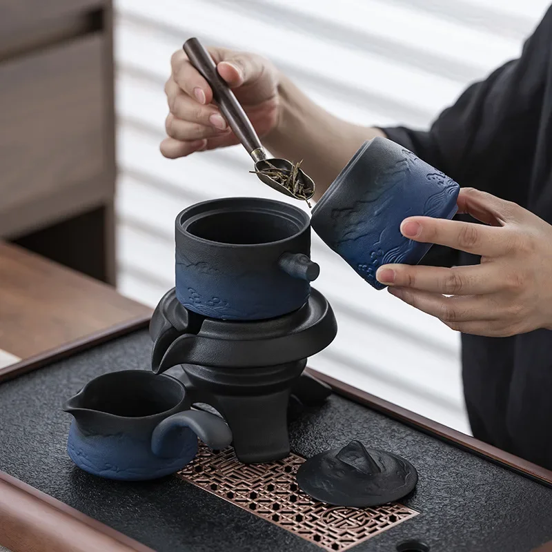 Tea Tools Set Black Pottery Automatic Graphite Rotating Kung Fu Tea Set Kettle Supplies Gifts Teapot Artifact  Cup  Tray