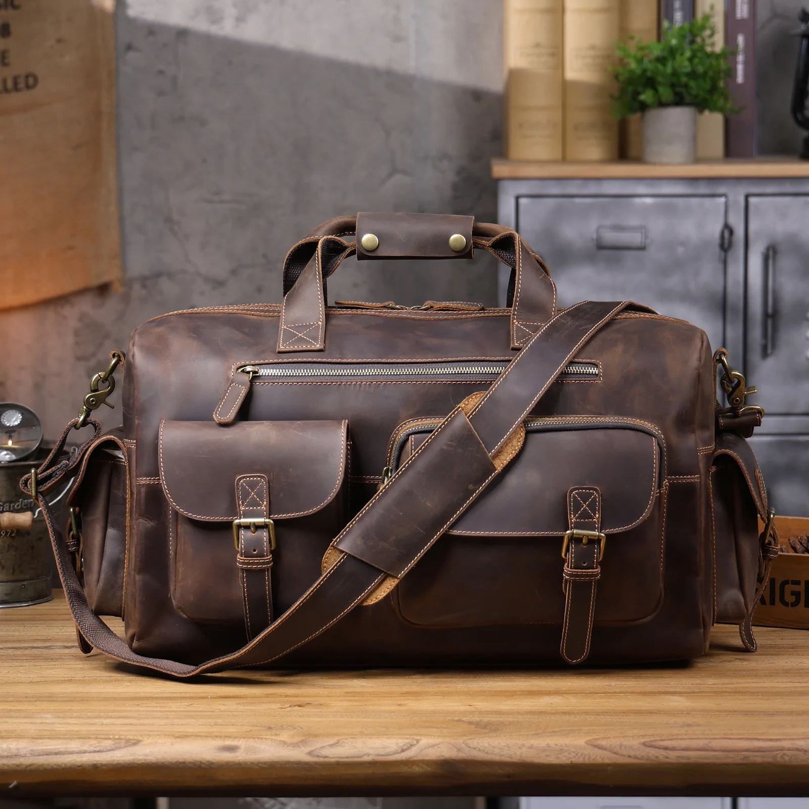 S.WORKER Vintage Vollnarbiges Rindsleder Reisetasche Große Kapazität Handgepäck Echtleder Weekender-Tasche – Detail 7