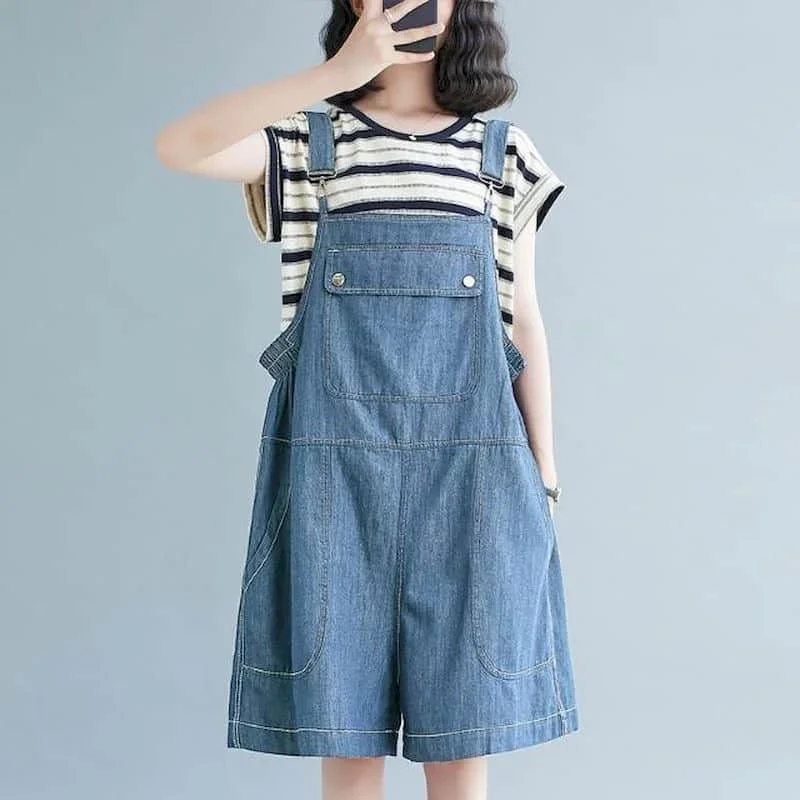 

Jumpsuits for Women Denim Vintage Casual Korean Fashion Solid Playsuits Loose Wide Leg Shorts One Piece Outfit Women Clothing