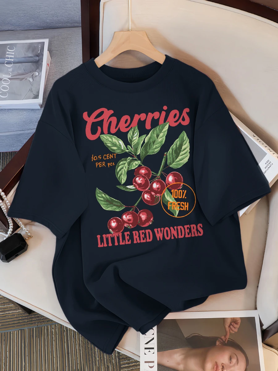 Kirschen 100 % frische kleine rote Wunder Design Damen T-Shirt lässig lose T-Shirts Hip Hop Baumwolle Sportbekleidung Sommer Soft Top