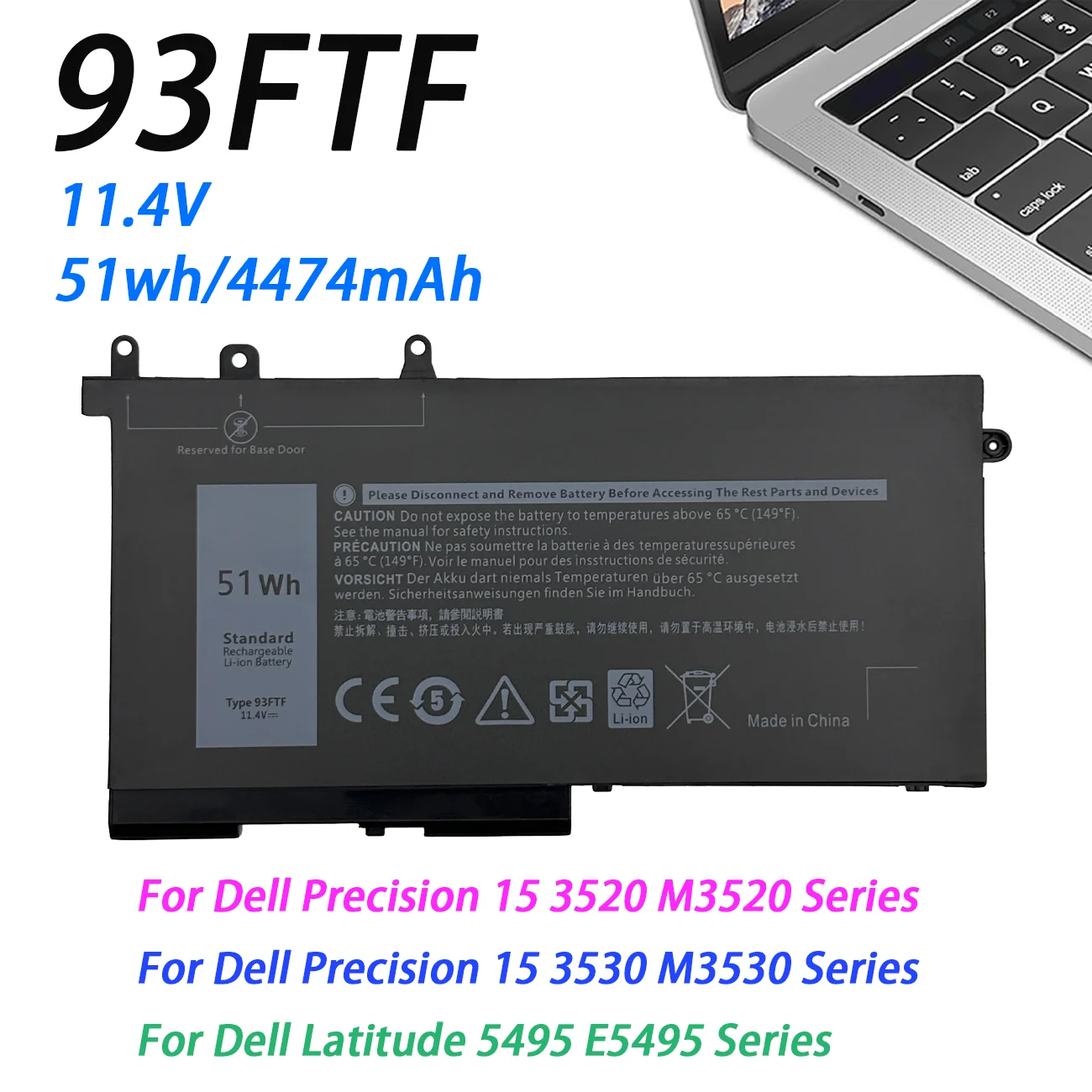 Batería 93FTF para portátiles Dell Latitude 5280 5480 5580 E5280 E5480 E5580 E5290 E5490 E5590 Series 83XPC 93FTF 11,4 V 51Wh