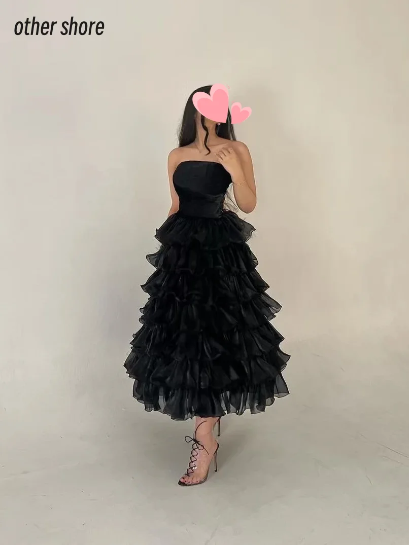 

Other Shore Elegant Vintage Sexy Black Ruffle Princess Strapless A-Line Customize Formal Occasion Prom Dress Evening Party Gowns