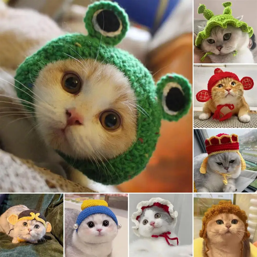 Knitted Pet Hat for Cats Handmade Pet Headwear Handmade Knitted Frog God of Wealth Pet Hat for Small Cats Dogs Winter Costume