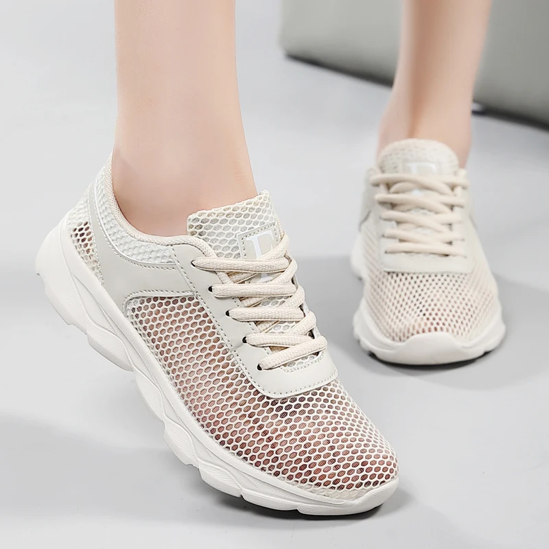 

Summer Women Mesh Running Sneaker Lace-up Fitness Sport Light Comfortable Breathable Black Walking Shoes Tenis Size 35-41