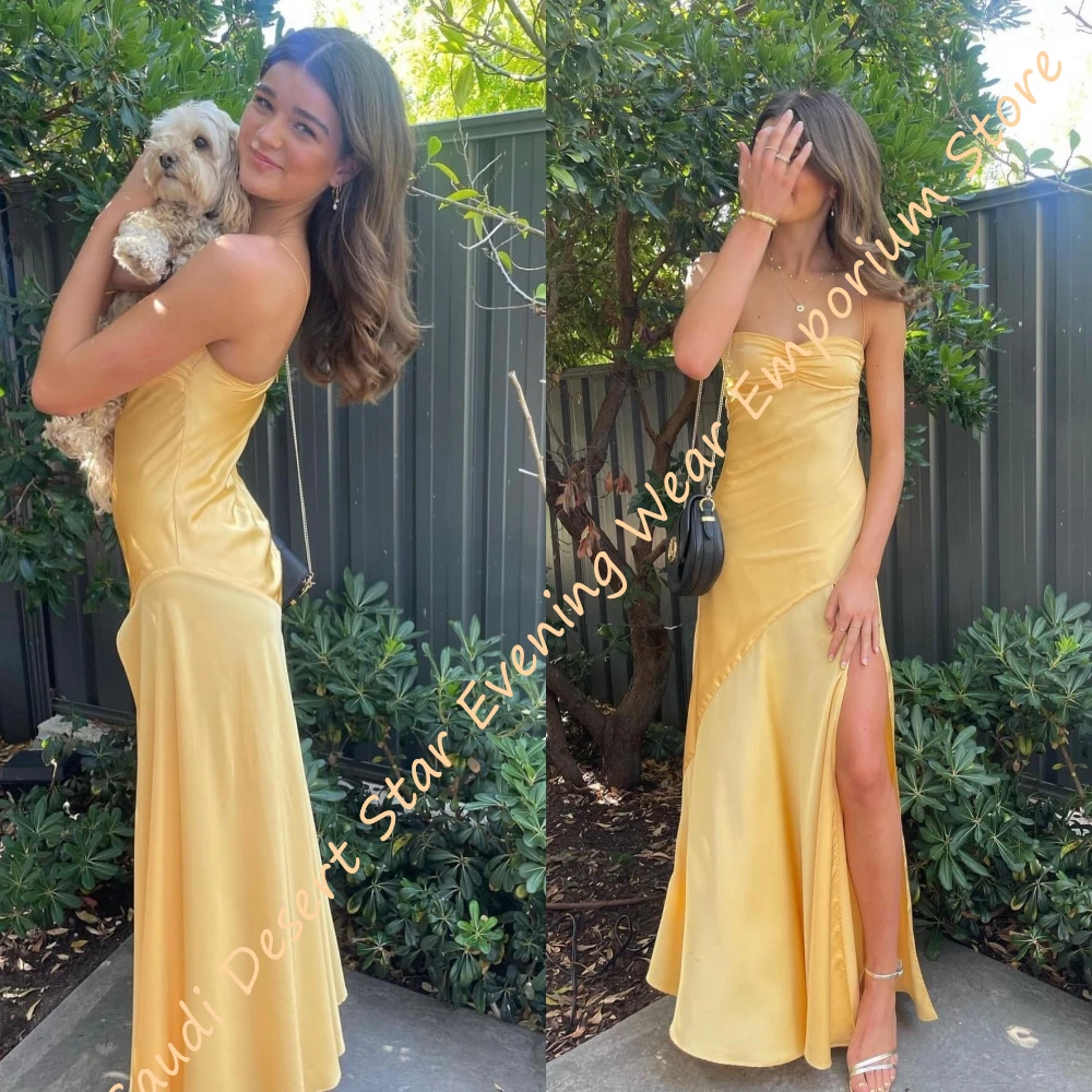 Customized  Graceful Square Collar Spaghetti Straps Evening Dress Delicate Zipper Back Party Dress Classic Side Slit P