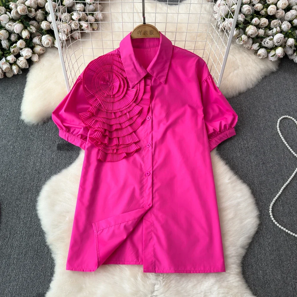 2024 Solid Summer Shirts&blouses 3D Flowers Vintage Korean Fashion Short Sleeve Women Tops Elegant Sweet Party Blusas Mujer