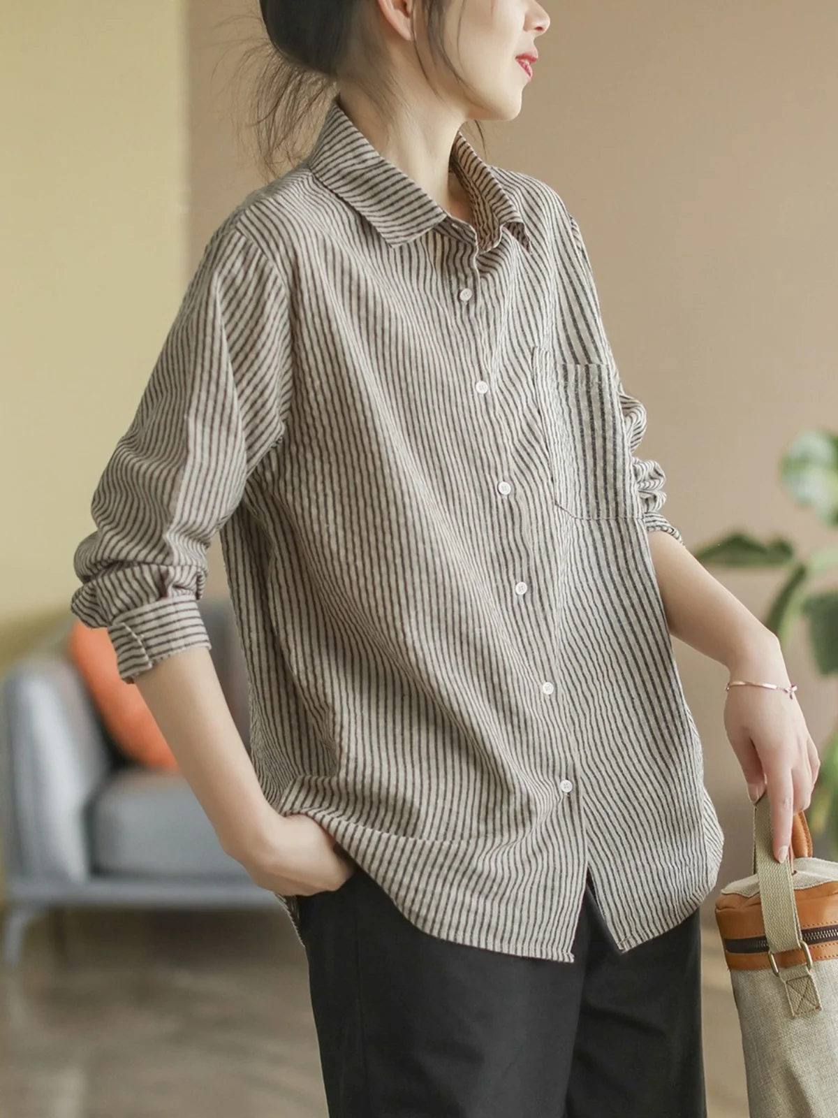 Loose Fit Long Sleeve Cotton Linen Stripe Pattern Women's Shirt Japanese High End Tailored Shirt Slimming Versatile Workwear