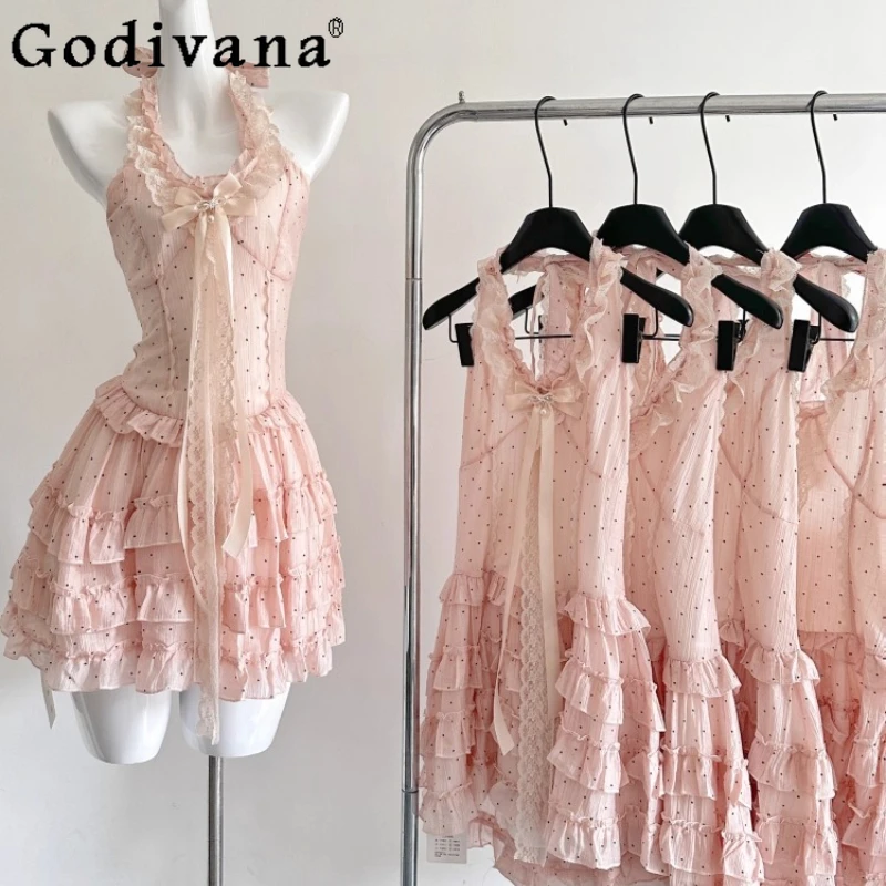 여름 봄 신상 로리타 원피스 여성 폴카 도트 스윗 퓨어 스타일 슬리밍 홀터넥 원피스 소녀 공주 퍼프 숏 원피스