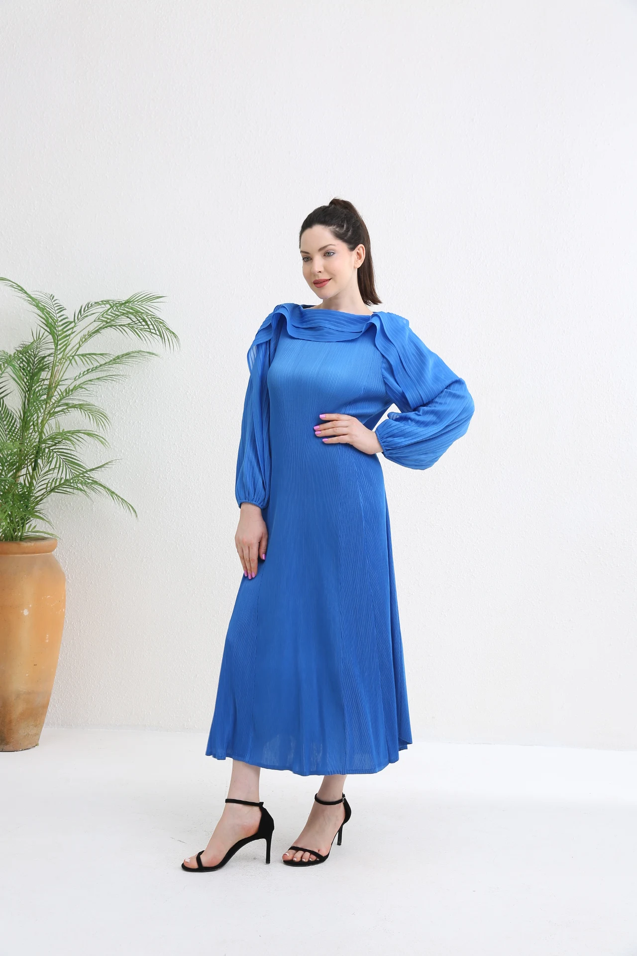 2024 New Pleated Long Sleeve Casual Plus Size Dresses For Women High Quality Elegant Luxury Ladies Latest Mujer Ruffle Green