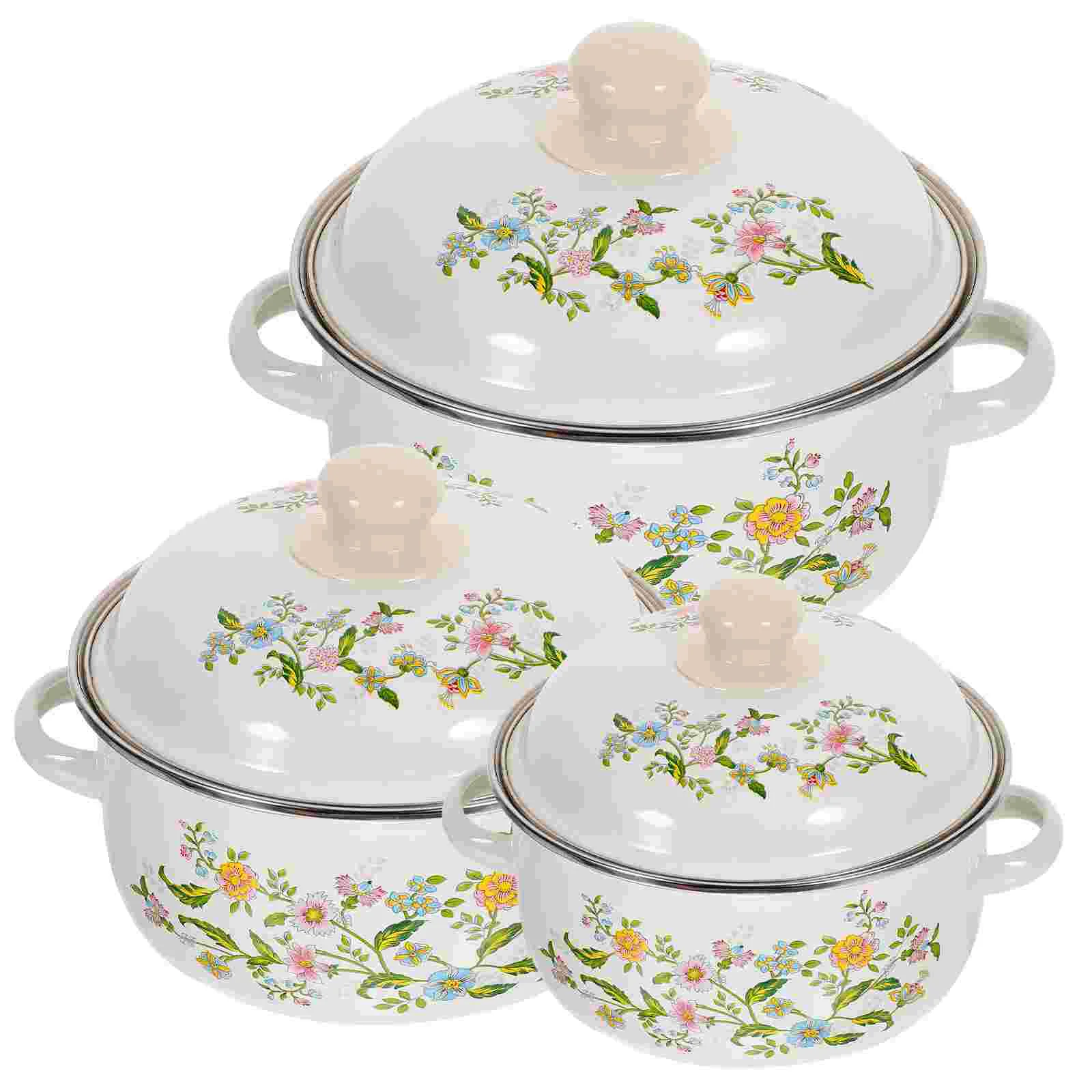 

3 Pcs Enamel Stock Pot Sauce with Handle for Stove Top Chinese Stew Cooking Pots