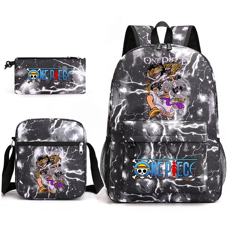 Mochila Escolar con Estampado de Anime de One Piece Luffy, Juego 3 en 1, Bolsa de Hombro, Estuche para Lápices, para Niños y Niñas