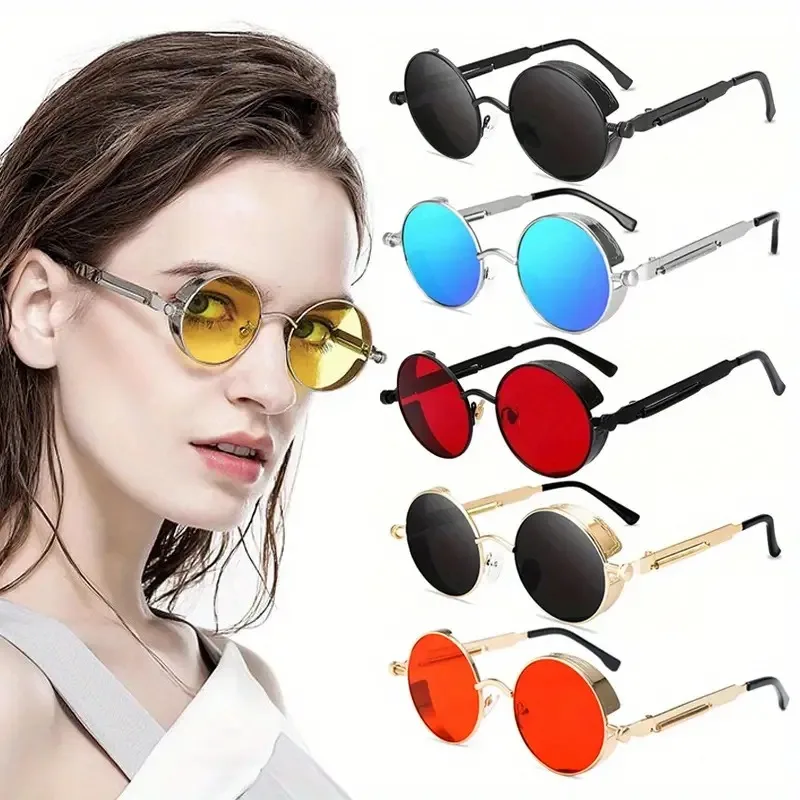 1Pcs Vintage Round Steampunk Sunglasses for Women Men Circle Gothic Glasses Retro Metal Frame