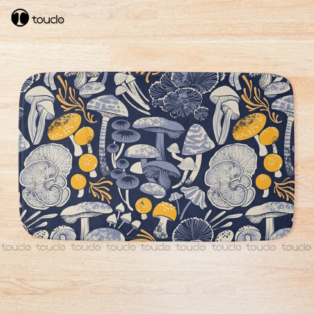 Mystical Fungi // Midnight Blue Background Ivory Pale Blue And Yellow Wild Mushrooms Bath Mat Cool Bathmats