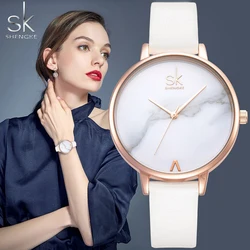 Shengke SK Top Watches Women Brand Leather Quartz Wristwatches Luxury Design Clock for Ladies Charm Flowers Dial Montre Femme