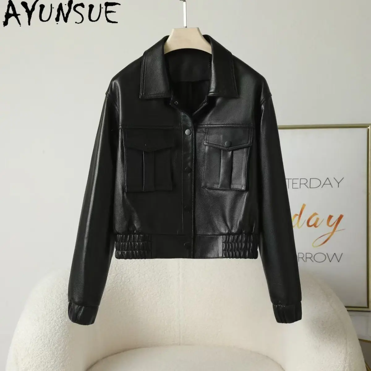 AYUNSUE オイルワックス本革ジャケットの女性 2025 黒シープスキンバイクジャケット春秋服半野菜なめし