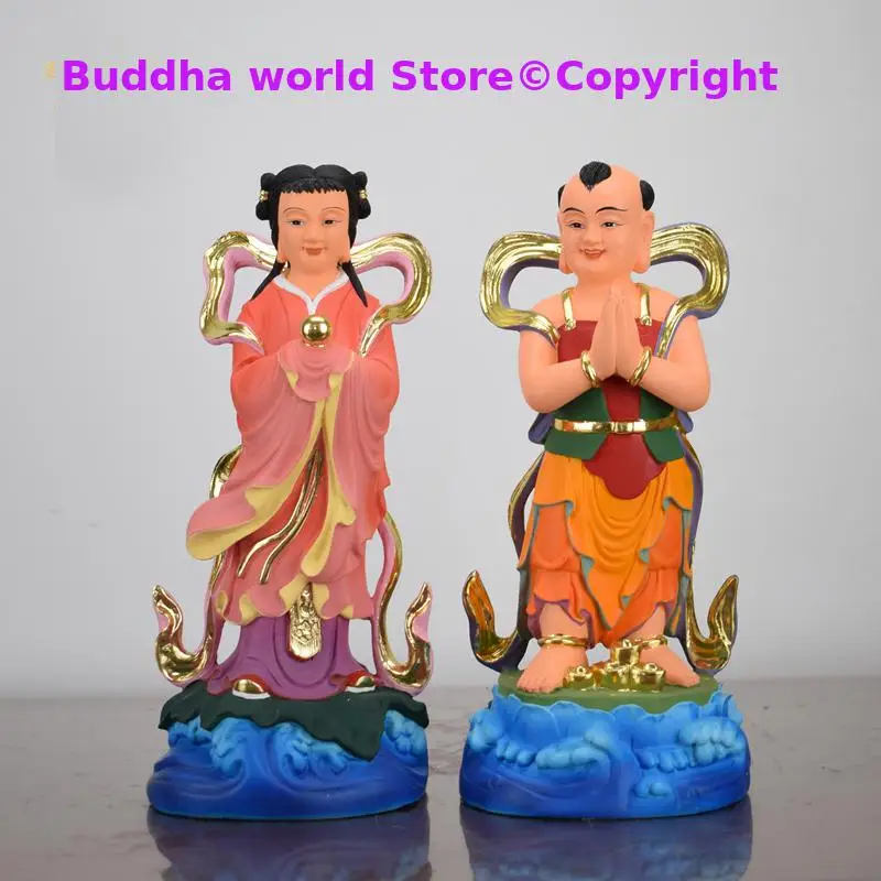 A pair Buddhism Taoism figure Guan yin Avalokitesvara JIN TONG YU NV TONG ZI buddha Asia HOME family protection FENG SHUI statue