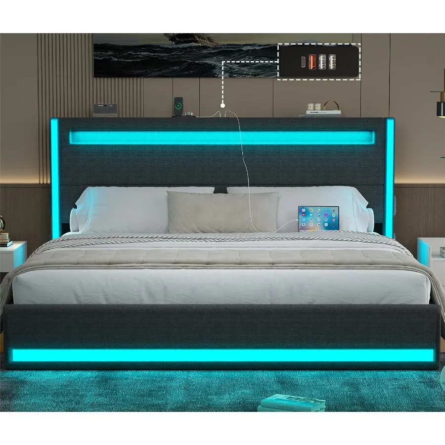 King Size Bed Frame and Adjustable Headboard Light up King Size Platform Bed Frame with TypeC USB Charging Station LED Upholste
