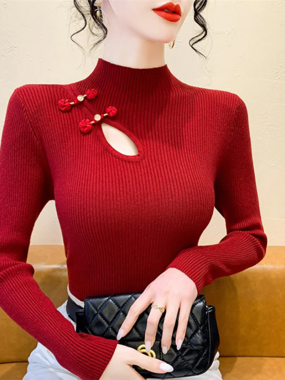 

Red Knitted Sweater Women's Autumn Winter New Chinese Sle Hollow out High Ne Base irt Soft Comfortable Long Sve Inne...