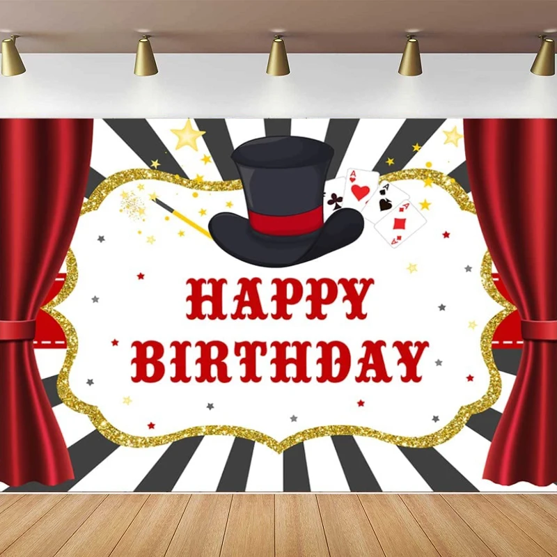 Photography Backdrop Happy Birthday Red Curtains For Boy Party Decor Magician Magic Show Trick Black Hat Gold Stars Background