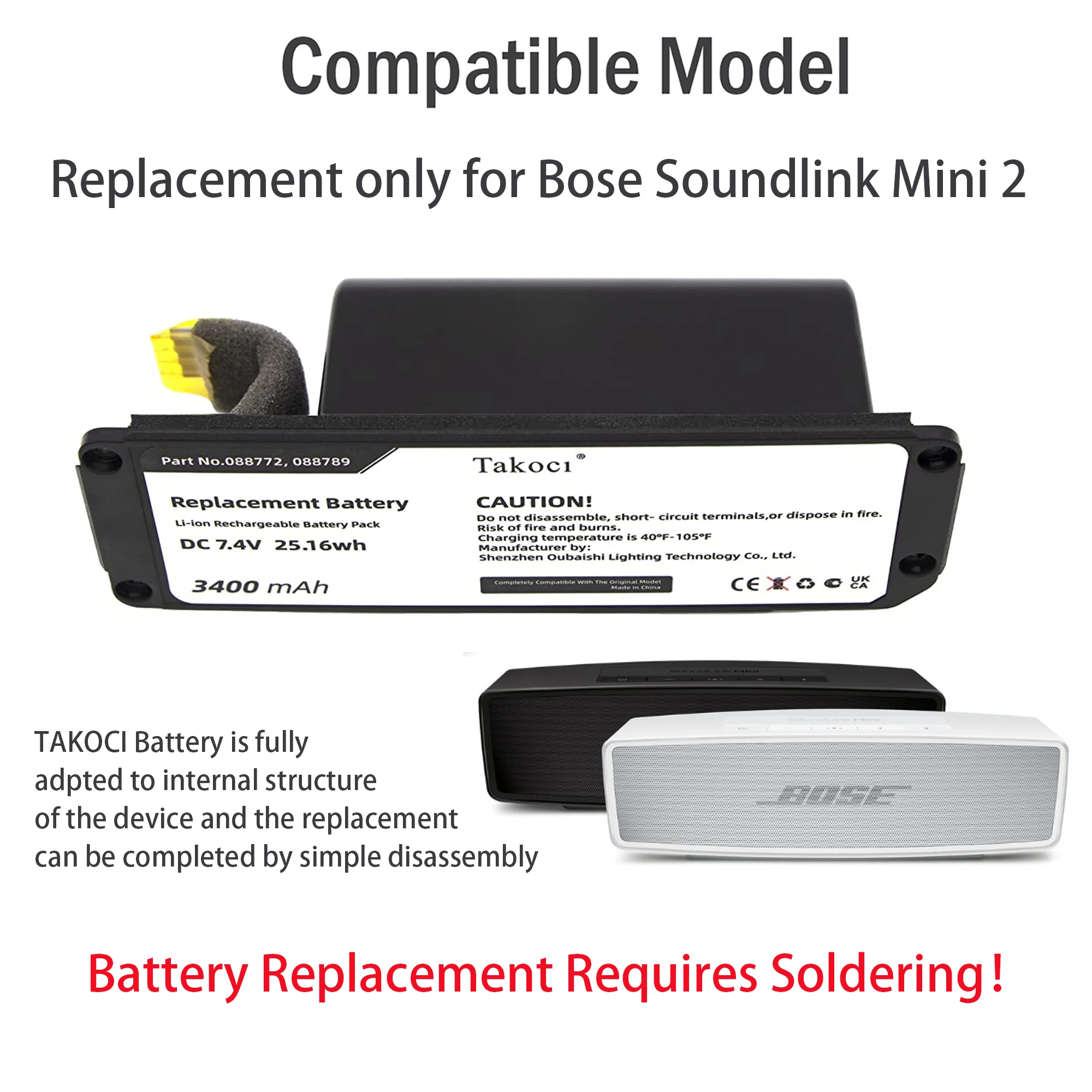 Replacement Battery for BOSE  Soundlink Mini 2 080841, 088772, 088789, 088796 7.4V/mA