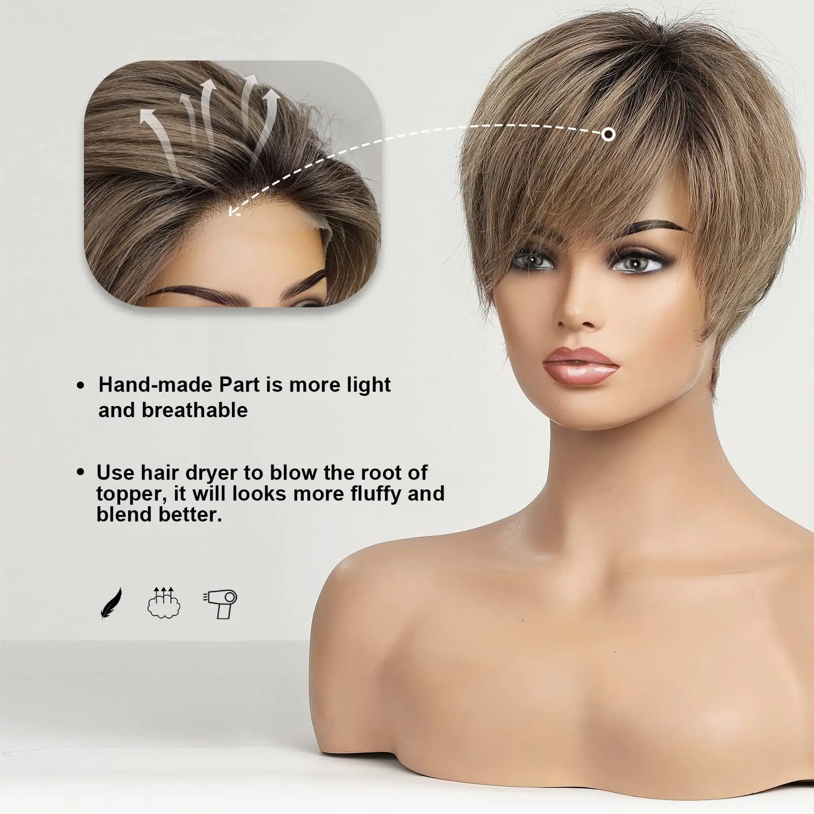 Parrucche anteriori in pizzo Ombre marrone chiaro Remy capelli umani marrone cenere Pixie Cut Hairs con Bang parrucca corta diritta per le donne