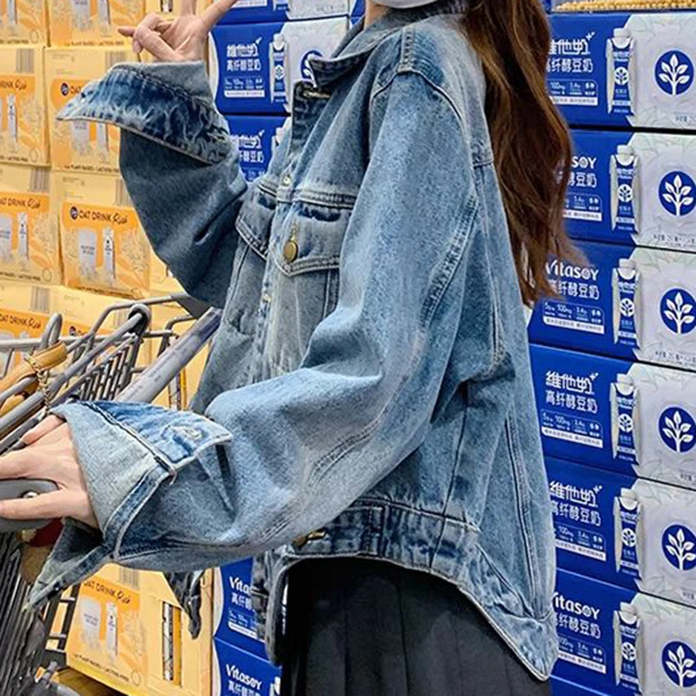 Blue washed denim jacket for women's small spring and autumn new fashion versatile irregular denim casual top