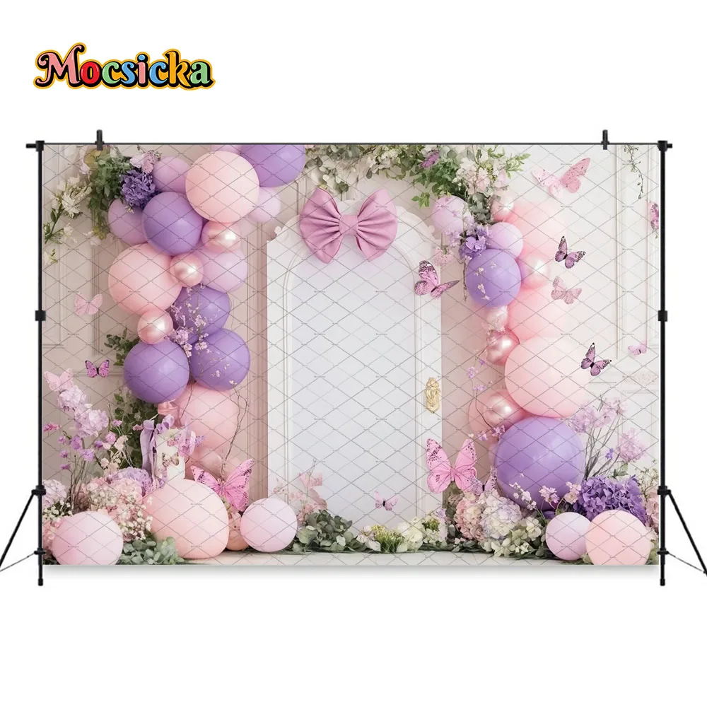 Mocsicka الوردي الأرجواني الجنية الباب التصوير خلفية بالون فراشة زهرة القوس خلفية الفتيات عيد ميلاد الأميرة صورة
