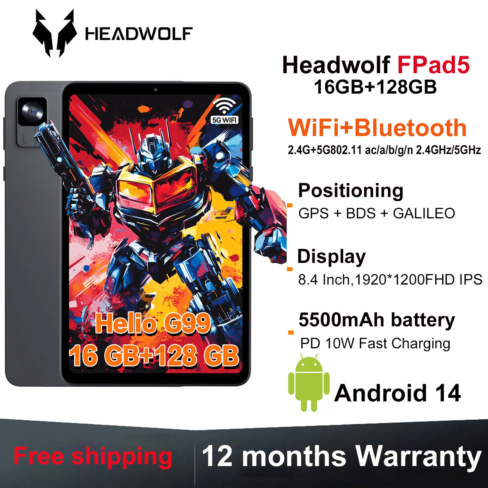 แท็บเล็ตเกมมิ่ง HEADWOLF FPad5 ระบบปฏิบัติการ Android 14 หน้าจอ 8.4 นิ้ว แรมสูงสุด 16GB ความจุ 128GB UFS2.1 ชิปประมวลผล Octa-core MTK G99 แบตเตอรี่ 5500 mAh รองรับ WideVine L1