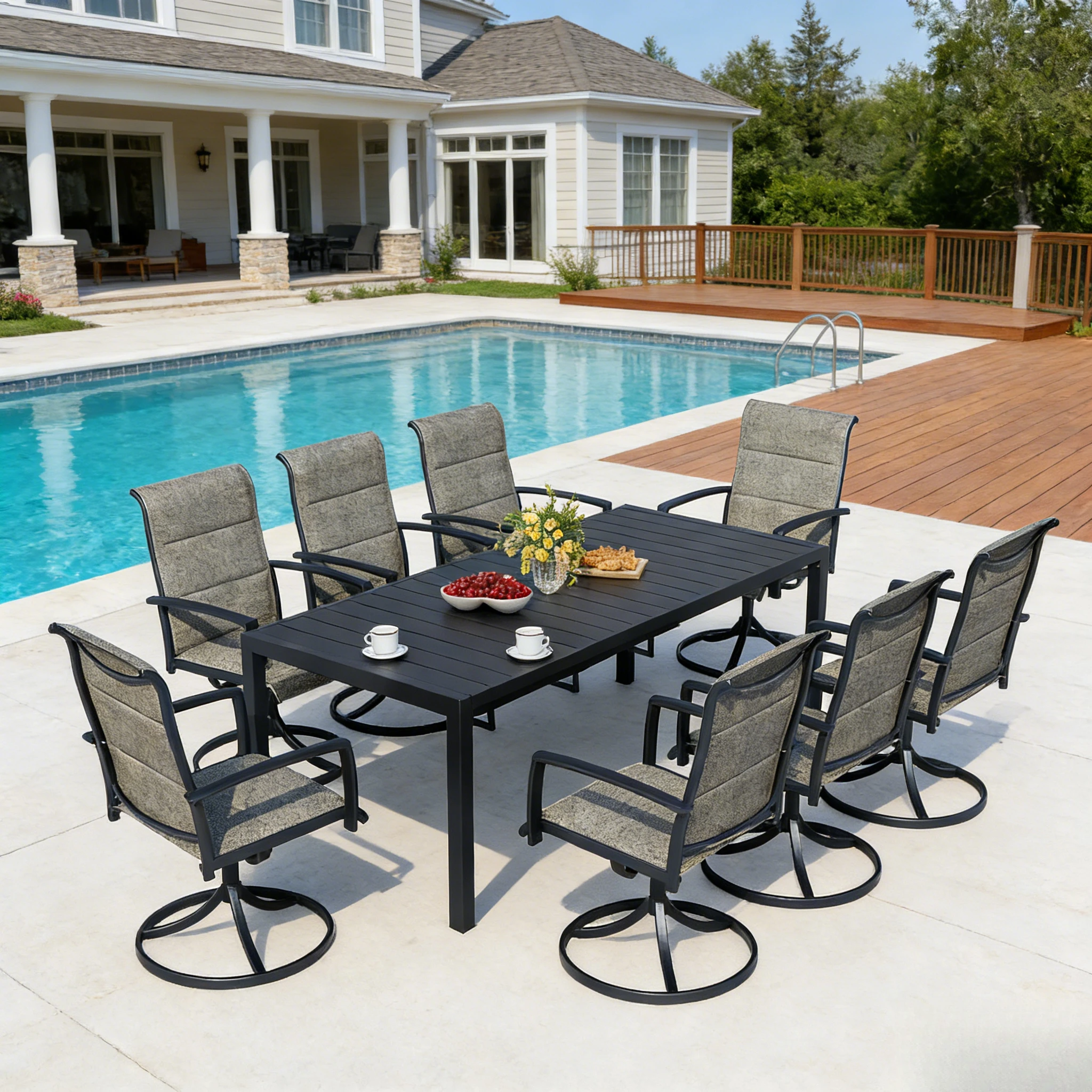 

BIGGET 9-Piece Outdoor Dining Set Extendable Table & 8 Taupe Foam Padded Textilene Swivel Chairs for Patio Large Gatherings