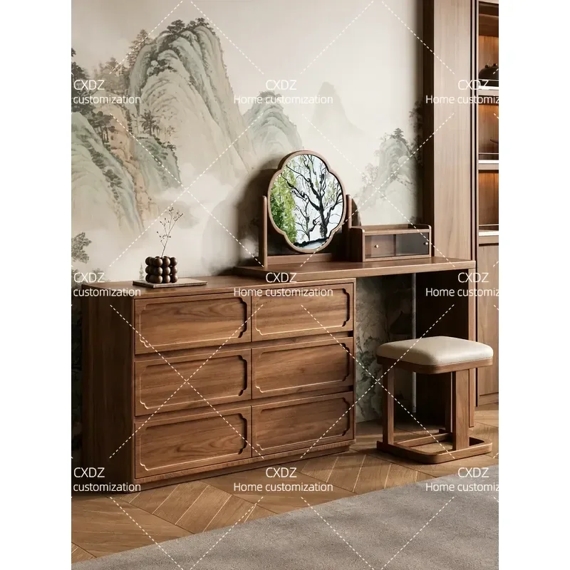 Elm Wood Makeup Table Song Style Aesthetics Corner Vanity with Integrated Chest Cabinet Solid Wood Dressing Table for Master