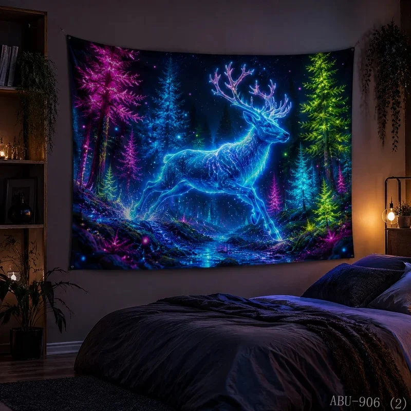 VIKAMA Aesthetic Magic Deer Tapestry Neon Glowing Fantasy Forest Tree River Star Wall Hanging Home Dorm Gaming Room Wall Decorat