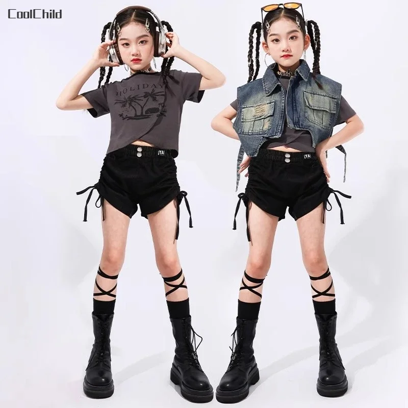 Hip Hop Girls Retro T-shirt Denim Vest Jeans Cargo Pants Children Street Dance Shorts Clothes Set Kids Streetwear K-pop Costumes