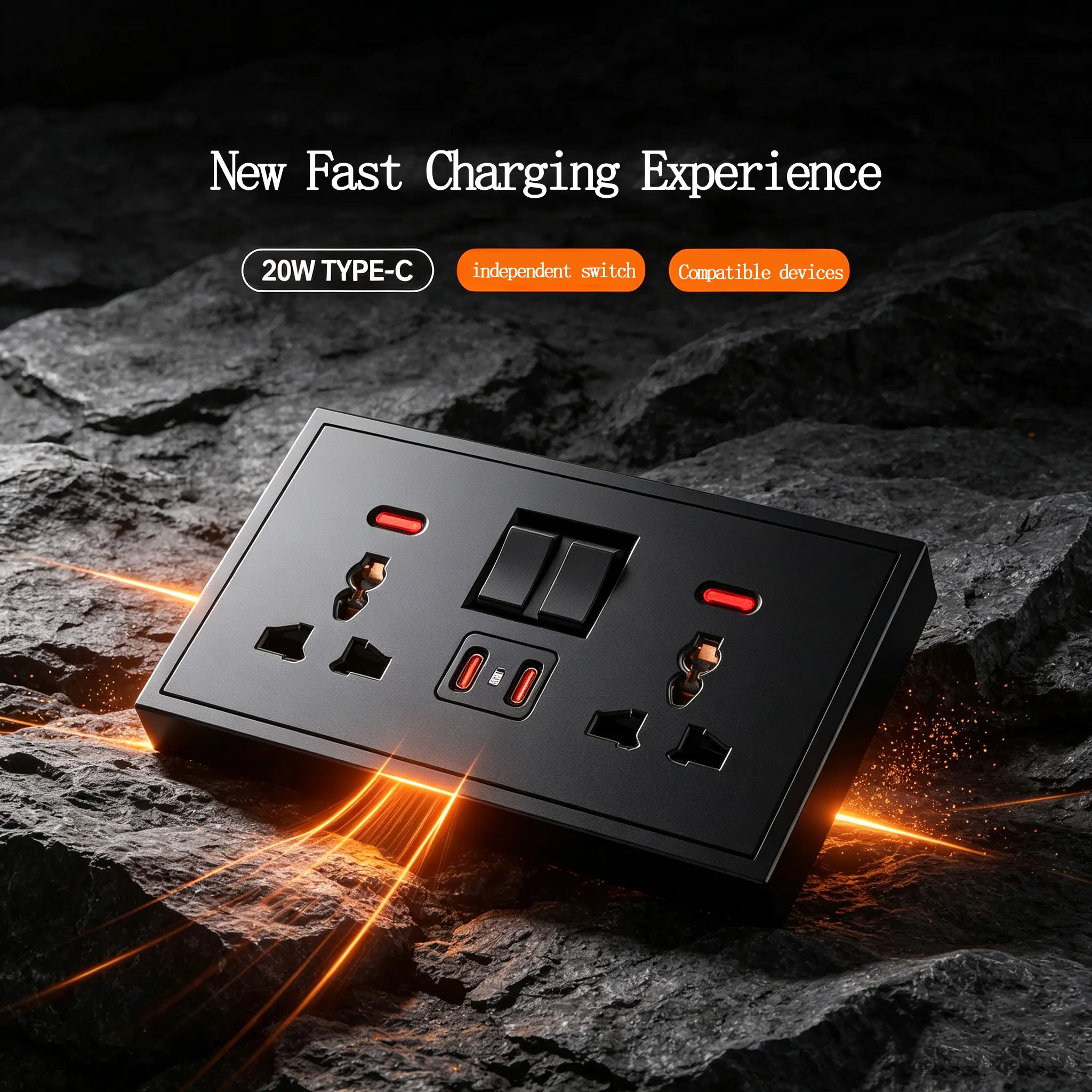 Black 2Gang Multi-Six-Hole 20W Dual-Type-C Fast Charge Multi-Function 146 Dark Mounted 33 Plug Household Socket with Band Indica