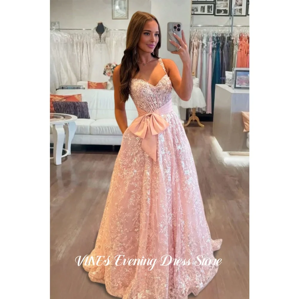 

SOLIS Pink A-Line Prom Dress Floral Sequin Lace Evening Dress Sweetheart Neckline Party Dress with Bow فساتين سهره Customized