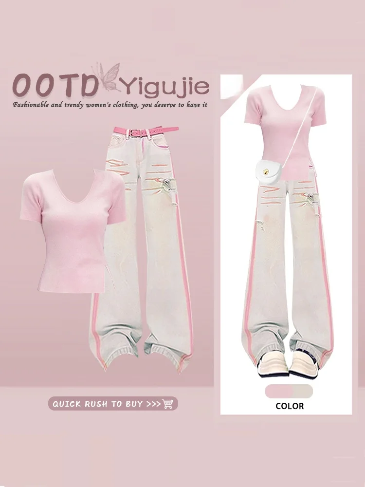 

Summer Sweet Pink Slim Fit Short Sleeve V-Neck Top And High Waist Color Block Wide Leg Jeans Two Piece Set Women's Fashion