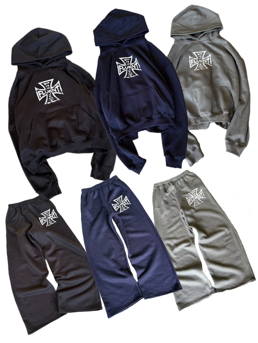 

New Y2k Retro Cross Letter Pattern Printing Set Man Clothes Streetwear Hoodies Gothic Harajuku Couple Sweatshirts Sweatpants