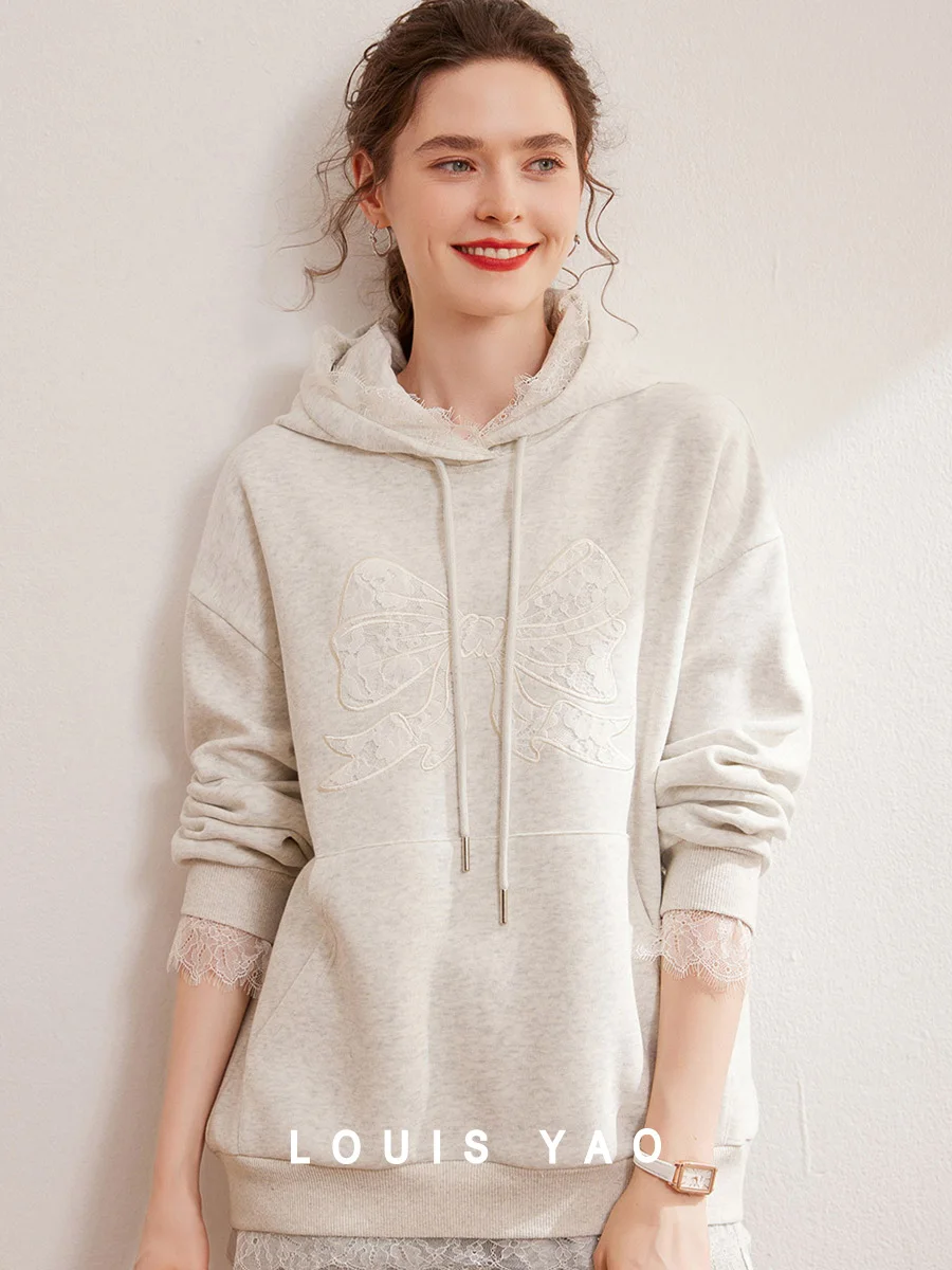 LOUIS YAO 2024 Winter Butterfly Tie Embroidered Hoodie Fashion Hoodie Loose Thick Long Sleeve Women's Hoodie